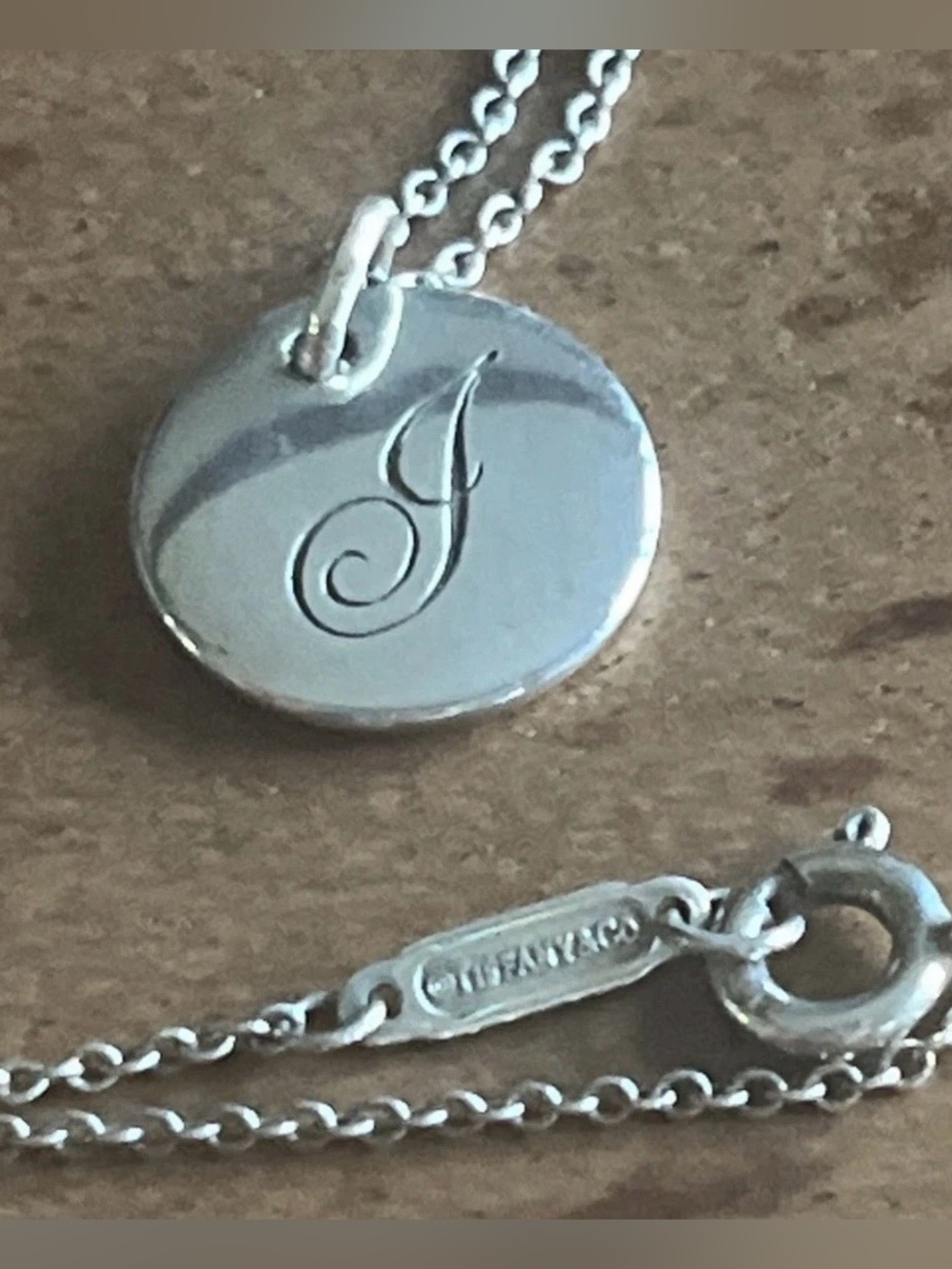 Tiffany Silver Letter J Alphabet Round Circle Notes Disc Charm Pendant 18” chain
